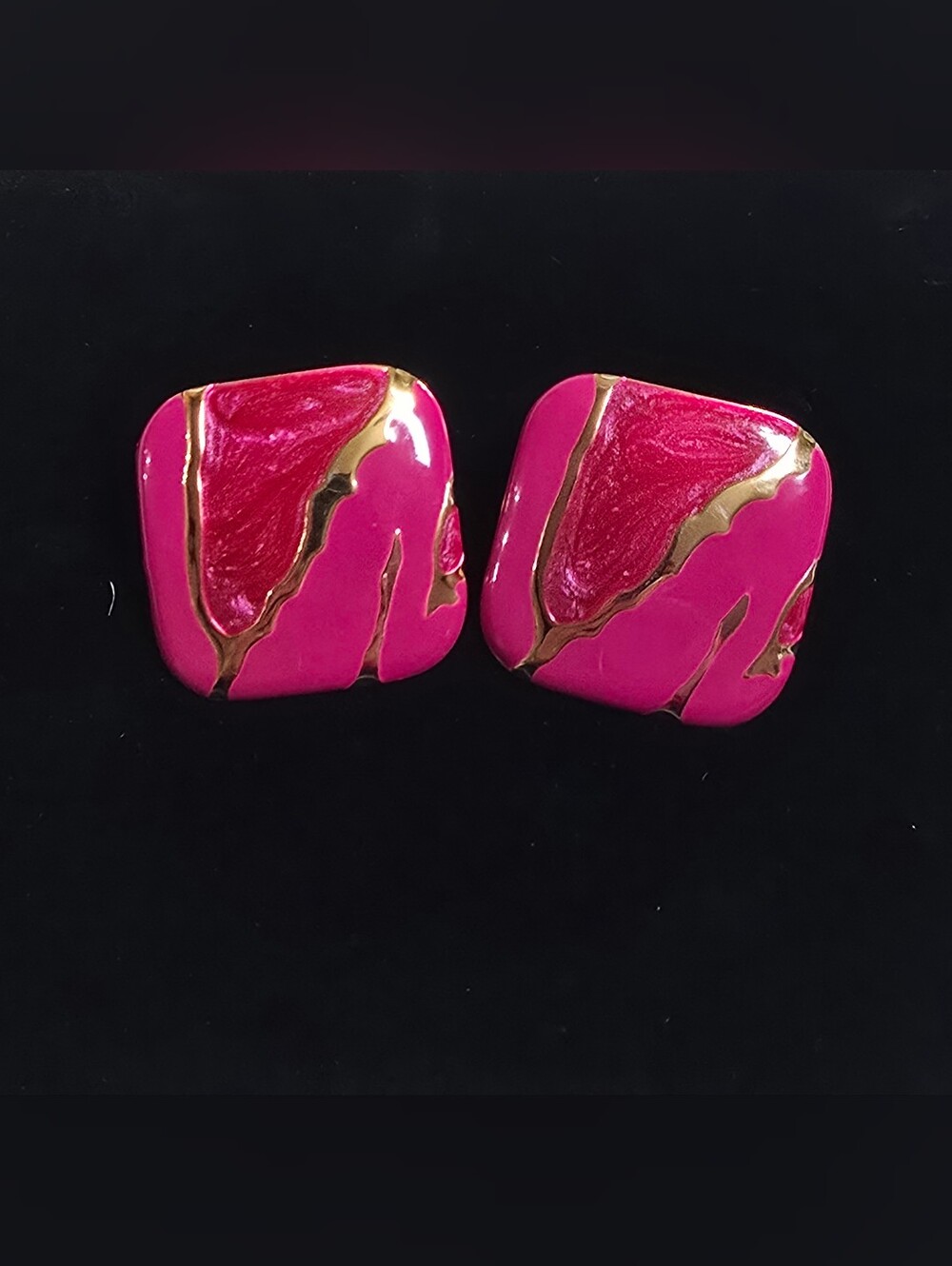 Vintage 80s Pink Enamel & Gold Accent Square Stud Post Earrings